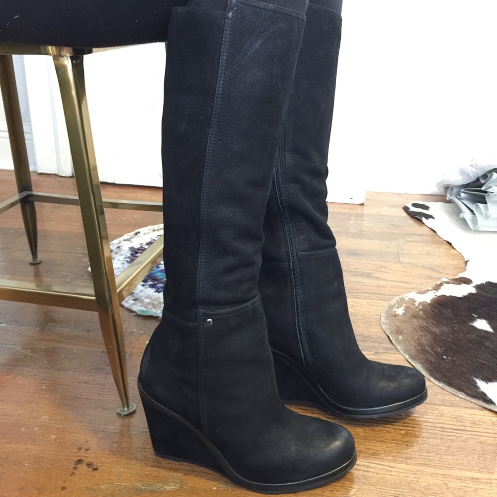 Vince Camuto knee high black suede boot wedge